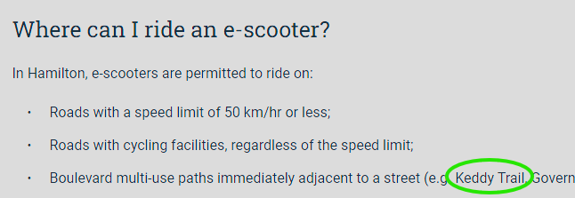KeddyTrail's tweet photo. @mdrejhon @RavynSkye1 @cycletherapyHam @cityofhamilton Please note, that Hamilton's definition of e-scooter refers to the electric kickscooters, whether personal owned or rental (Bird/Lime style).  
The moped-style scooter is disallowed, but the kickscooter style (up to speed/weight limits) is allowed.
https://t.co/EMGquq2j6c https://t.co/6qyXIdItzn