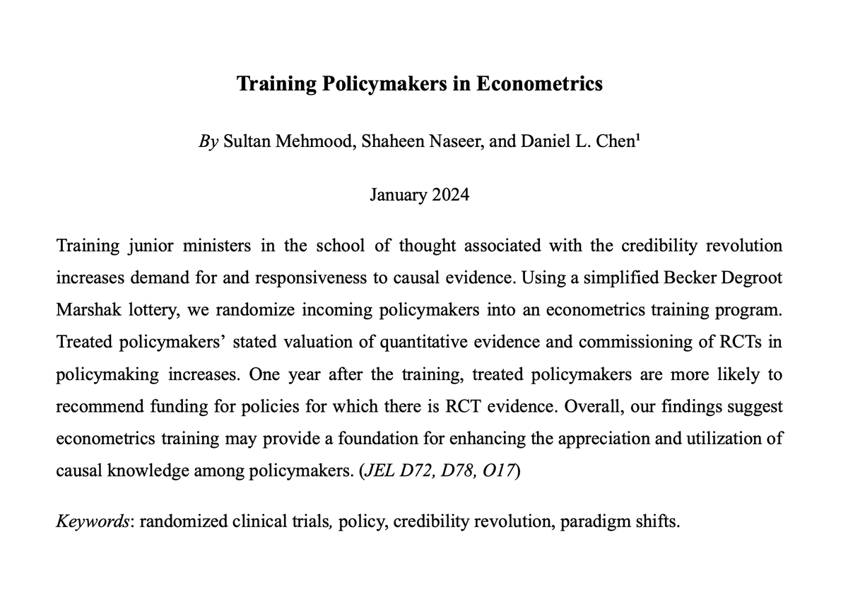 ryancbriggs's tweet photo. I forgot how cool this paper is. When elite civil servants in Pakistan were randomized into a training course on econometrics, they were twice as likely to support actual policies with RCT evidence a year later and were more likely to pay for such research https://t.co/etxMZoZt6E https://t.co/dedlQQUBiJ