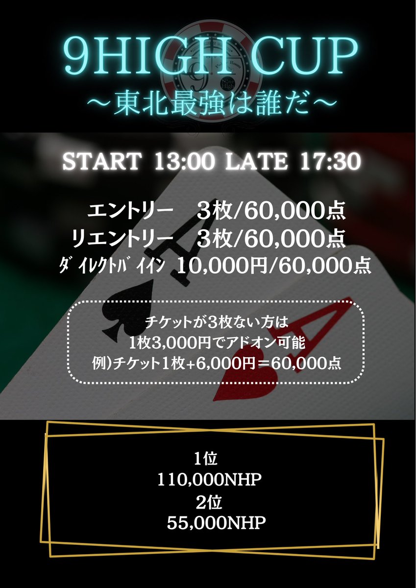 9high_sendai's tweet image. 本日13時からオープンします♥️

13:00-【9HighCup】🏆
⏰レイト 17:30
⭐️エントリー チケット3枚/60,000点
⭐️リエントリー チケット3枚/60,000点
チケットが3枚ない場合は1枚3000円でアドオン可

 #仙台  #仙台ポーカー  #9Highcup