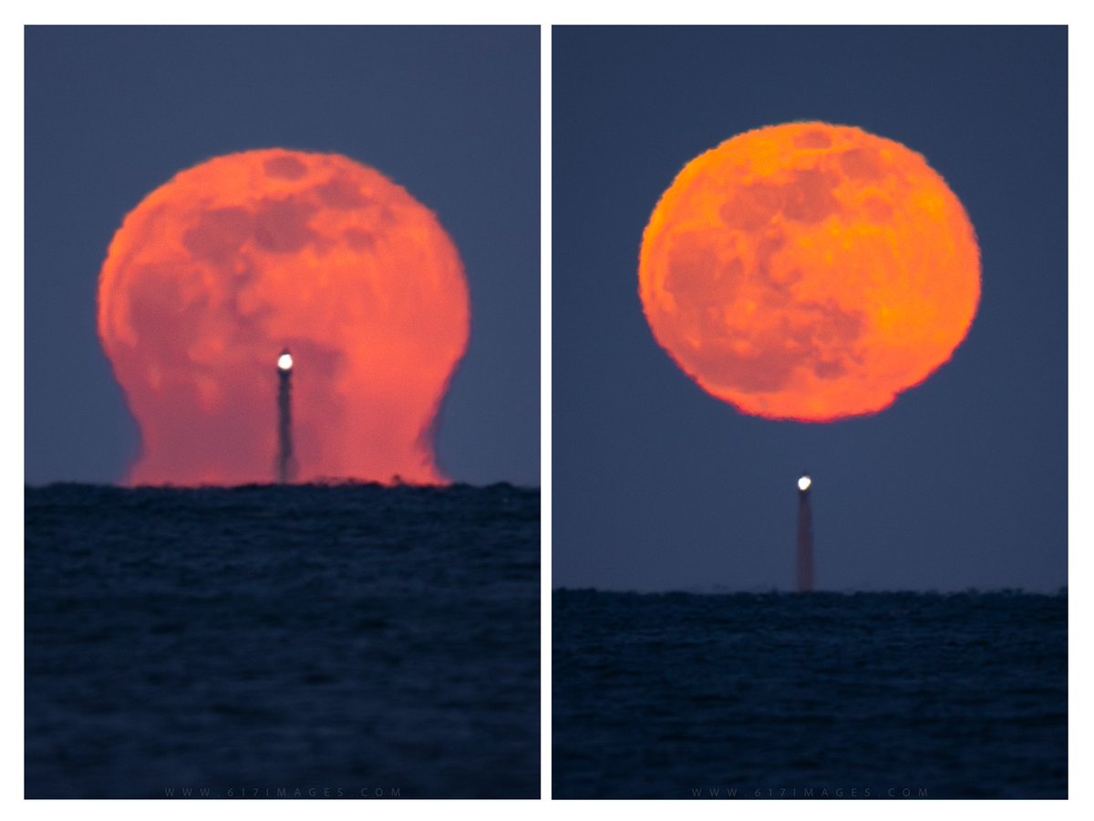 Tonight’s full Snow Moon rises over Boon Island Light, also said to be a mircomoon. It’ll appear to be smaller to the human eye as it’s just a bit further away from Earth than it usually is. This side by side comparison shows the extreme amount of atmospheric distortion I was