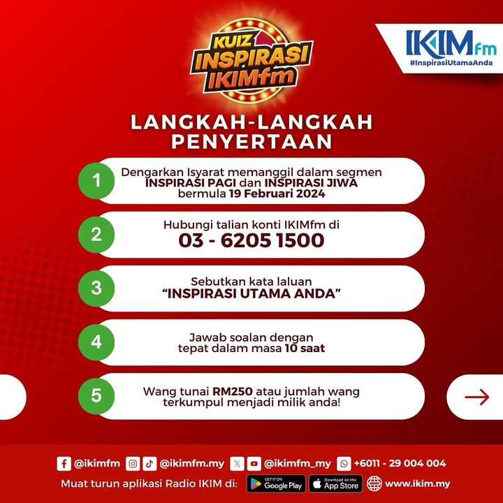 ikimfm_my's tweet image. Kuiz Inspirasi IKIMfm kini kembali!

Menangi wang tunai sehingga RM 15,000. Dengarkan isyarat memanggil dalam segmen Inspirasi Pagi dan Inspirasi Jiwa bermula 19 Februari 2024.

#kuizinspirasiIKIMfm #ikimfm #wangtunai