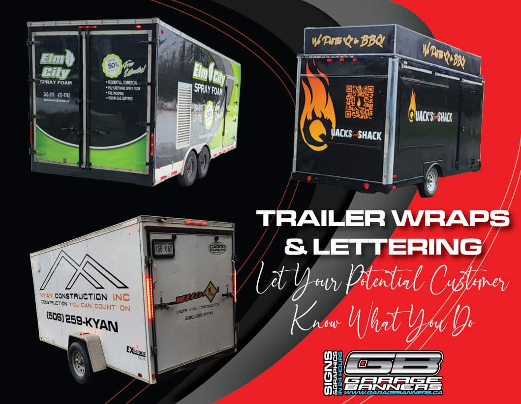 Trailer wraps and vinyl Graphics. call us or message us for a quote! 506 449 2905 #trailerwraps #vinylgraphics #garagebanners #signshop #frederiction #newbrunswick #vinyllettering #elmcitysprayfoam #quacksmokeshack #ryanconstruction