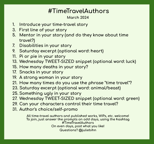 juliebihn's tweet photo. If you #AmWriting (or #DidWrite) #TimeTravel, please consider joining #TimeTravelAuthors! Just answer a question every other day...or answer as few or as many as you like. It's a great way to join a close-knit #WritingCommunity! https://t.co/EeYSwIj40r