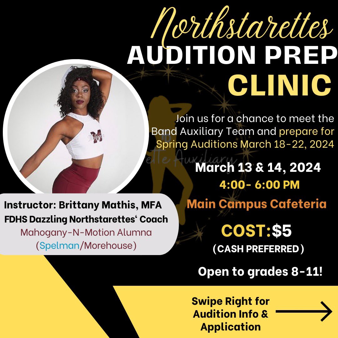 fdhsauxiliary's tweet photo. It’s audition season!!! ✨Interested in joining the Frederick Douglass HS Band Auxiliary Team? SCAN THE QR CODE on the last slide or CLICK THE LINK IN OUR BIO to begin and read the entire application! #Northstarettes #Majorettes #Flag #apsarts #douglasscluster https://t.co/8kqa9IJWOK