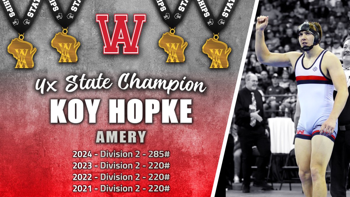 wiaawistate's tweet photo. Koy Hopke of Amery earned his place in WIAA history tonight, becoming the 29th wrestler to earn four Individual Wrestling State Titles! 🥇🥇🥇🥇 

Congratulations on an outstanding high school career, Koy! #wiaawr #4xstatechamp https://t.co/mOUnwcDqC8