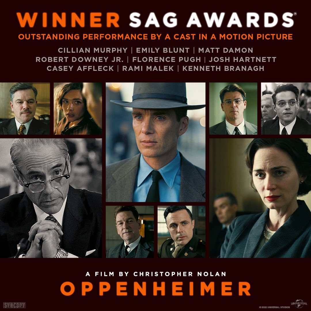 Oppenheimer (@oppenheimerfilm) on Twitter photo Congratulations to the cast on their <a href="/SAGawards/">SAG Awards®</a> win for Outstanding Performance by a Cast in a Motion Picture. Experience the movie in theaters now and streaming on Peacock. #Oppenheimer Congratulations to the cast on their <a href="/SAGawards/">SAG Awards®</a> win for Outstanding Performance by a Cast in a Motion Picture. Experience the movie in theaters now and streaming on Peacock. #Oppenheimer