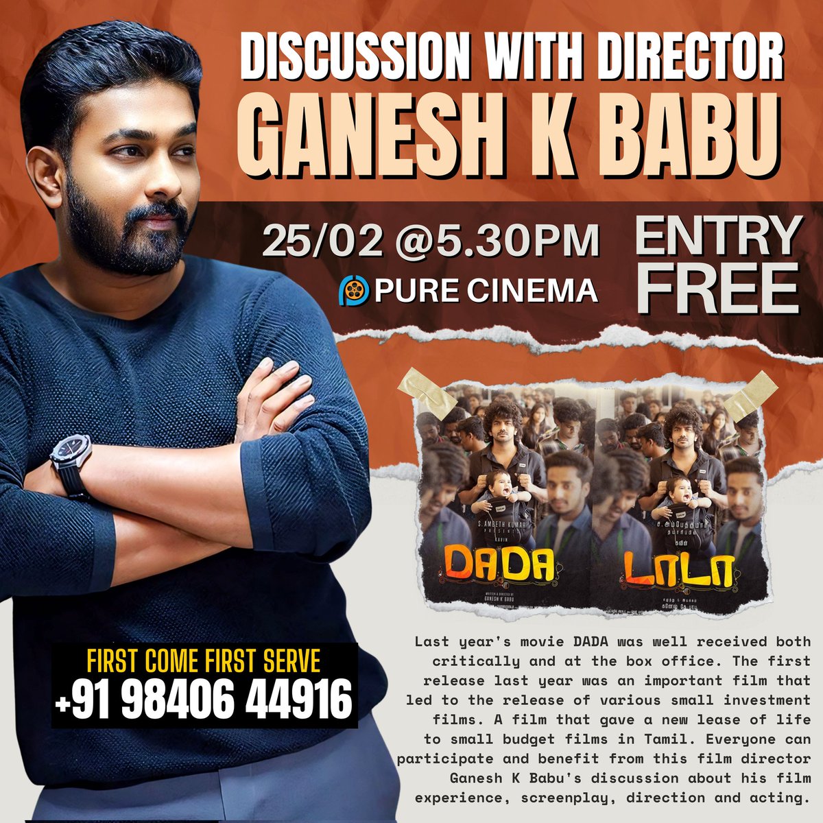 purecinemaindie's tweet photo. DISCUSSION WITH DADA MOVIE DIRECTOR @ganeshkbabu 🎬
Everyone can participate and benefit from this film director Ganesh K Babu's discussion about his film experience, screenplay, direction and acting
#purecinema #dada #disscussion #tamilcinema
#kavin #director #acting #love https://t.co/t8HIjEp8ze