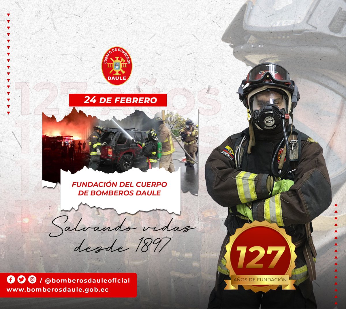 Todos los días reafirmamos nuestra promesa de servicio a nuestra ciudad con abnegación, valentía y dedicación. Hoy celebramos con orgullo nuestros 127 años de Fundación🚒

¡#BomberosDaule Salvando vidas desde 1897!👨🏻‍🚒❤️

#JuntosLogramosMás
#SomosBomberosDaule
#SomosCBD