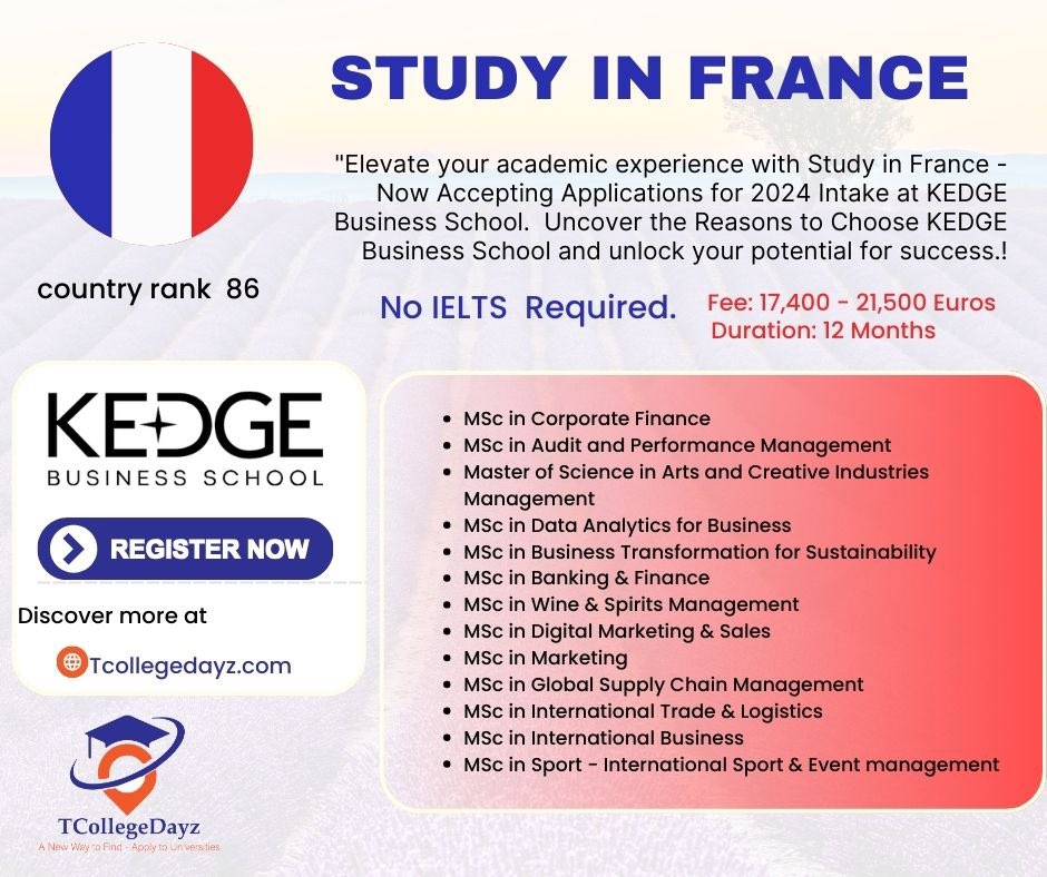 #StudyinFrance 
Explore Your Educational Opportunities in France with KEDGE Business School
Are you ready to take your academic journey to the next level? Look no further than KEDGE Business School, a prestigious institution in France known for its top-notch programs
<a href="/KedgeBS/">KEDGE Business School</a>