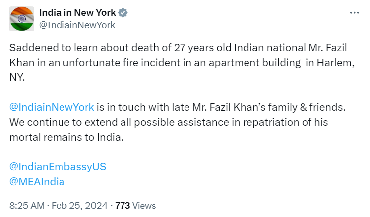 ANI on X: "Saddened to learn about the death of a 27-year-old Indian  national Fazil Khan in a fire incident in an apartment building in Harlem, New  York. We are in touch