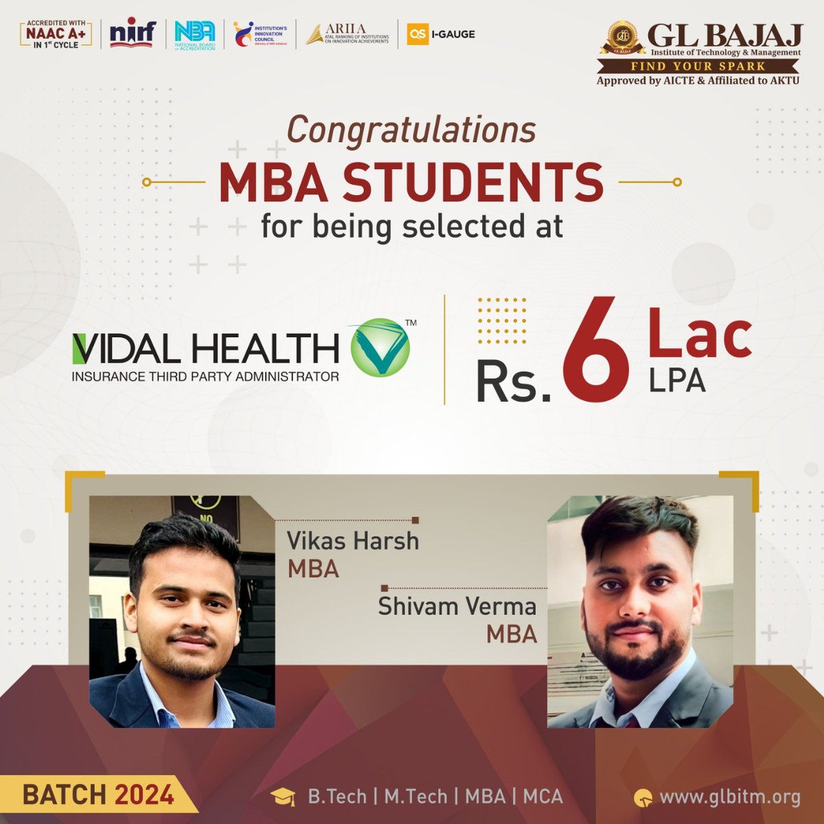 #GLBajaj (GLBITM) is proud to announce the placement of its brilliant students Shivam Verma and Vikas Harsh, MBA (Marketing, Finance & HR) Batch 2024 at @VidalHealthcare 
#GLBITM #Placement #campusplacement #jobs2024 #VidalHealth #studentplacement #MBA #Marketing #Finance #HR