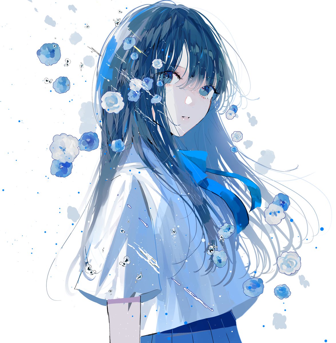 1girl solo long hair flower skirt blue eyes white background  illustration images