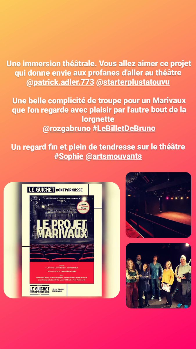 Ils sont venus et ont aimé 👍👍👍
LE PROJET MARIVAUX ❣🎭❣
Merci @artsmouvants @brunorozga @PatrickAdler3 @Tatouvu Pour en savoir plus, découvrir leurs avis et réservez vos places c'est ici ⬇️
leguichetmontparnasse.com/le-projet-mari… 
Tous les dimanches #20H00 
@LeGuichetmont À bientôt 👋