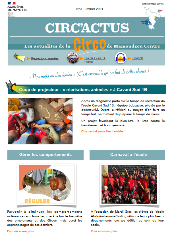 Voici Circ'actus n°3, l'actualité de la circonscription de Mamoudzou centre ! Au menu : coup de projecteur sur les "récréations animées", étayées par 1 article sur la régulation des comportements, et 2 tutoriels pour faciliter la continuité pédagogique ! nuage04.apps.education.fr/index.php/s/FB…