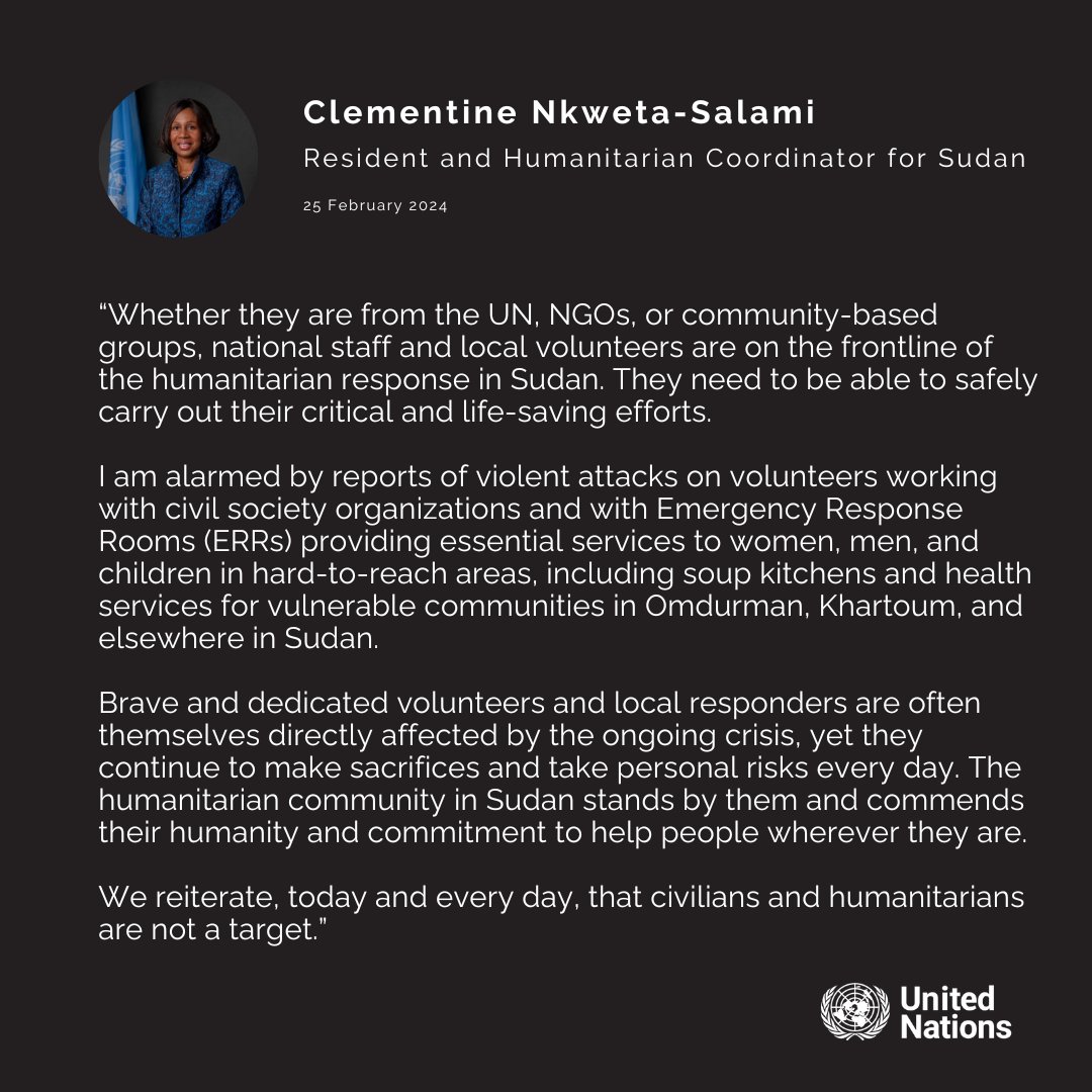 National staff and local volunteers are on the frontline of the humanitarian response in Sudan. They need to be able to safely carry out their critical and life-saving efforts. We reiterate, today and every day, that civilians and humanitarians are not a target.