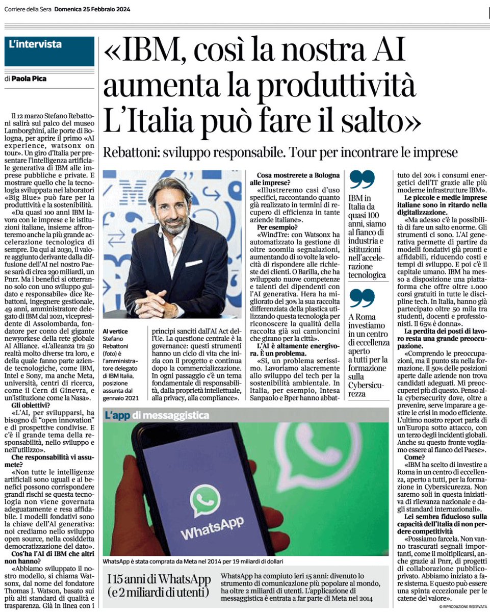 Stefano Rebattoni (@sterebattoni) on Twitter photo Nel <a href="/Corriere/">Corriere della Sera</a> di oggi la mia intervista con <a href="/paolapica/">paola pica</a> su come un approccio aperto, responsabile e governato all’#AI sia leva di produttività ed efficienza per il Paese. 🇮🇹
<a href="/IBM/">IBM</a> in prima linea attraverso casi cliente, formazione e attività sul territorio.
#Watsonx #AI #GenAI Nel <a href="/Corriere/">Corriere della Sera</a> di oggi la mia intervista con <a href="/paolapica/">paola pica</a> su come un approccio aperto, responsabile e governato all’#AI sia leva di produttività ed efficienza per il Paese. 🇮🇹
<a href="/IBM/">IBM</a> in prima linea attraverso casi cliente, formazione e attività sul territorio.
#Watsonx #AI #GenAI