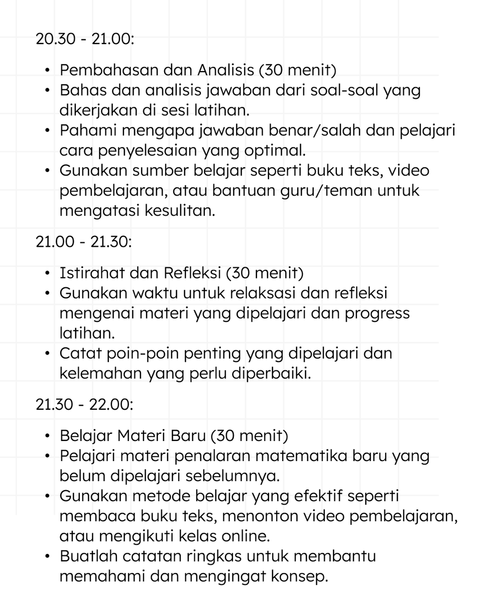 🤏Contoh Jadwal Harian Belajar UTBK (Malam)
