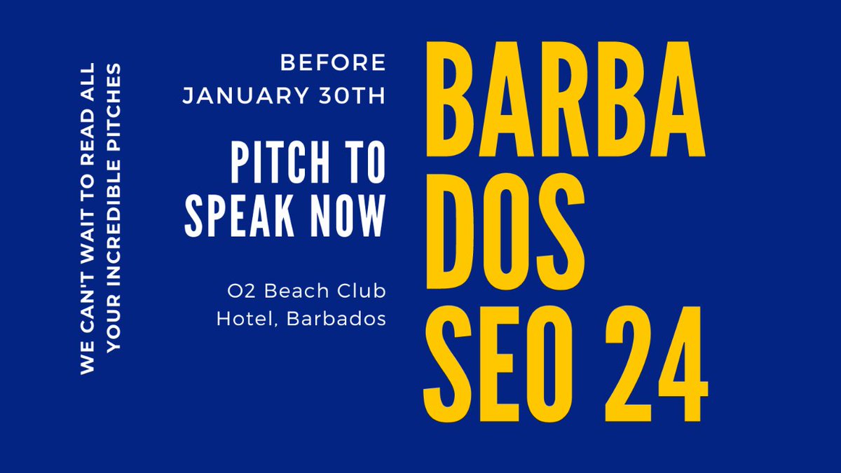 🌟 Calling all Digital Mavericks! 🚀 Barbados SEO 2024 speaker pitches are LIVE! 🗣️ Share your expertise until Jan 30th. 📅 Save the Date: Nov 6-7. Pitch here 👉 [barbadosseo.com/speak-at-bbseo…] Don't miss out! 🔥 #BBSEO24 #DigitalMarketing #SEOConference