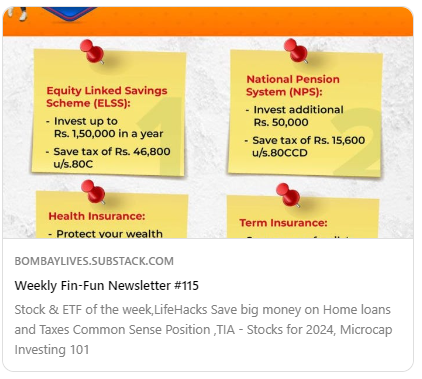 FinFun Newsletter 115  
📊 Stock &amp; ETF of the Week
💡 Life Hacks: Save Big on Home Loans and Taxes with @myemisaver
🤑 Common Sense Position Sizing <a href="/CapitalMind/">Daniel Franks</a>
🌐 Microcap Investing 101 @IanCassel
🦢 Taleb's Wisdom: Living with Highly Improbable <a href="/nntaleb/">Nassim Nicholas Taleb</a> open.substack.com/pub/bombaylive…