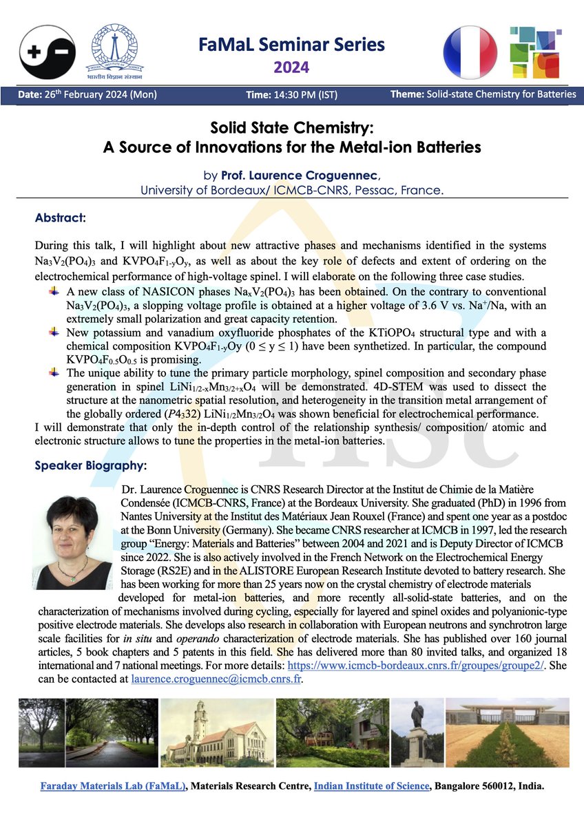 FaMaL would like to invite all interested participants to attend the Seminar by Prof. Laurence Croguennec @CroguennecLaur1 (@icmcb France) on 26 Feb 2024 (Monday, 14:30 PM IST). Please find the notice attached. The link to the meeting is: teams.microsoft.com/l/meetup-join/…