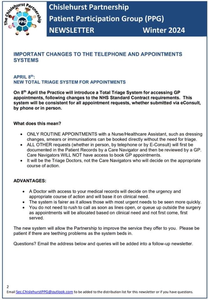 ChislehurstPPG's tweet photo. Important updates to the telephone and appointment systems at the practice are imminent.  

See the latest PPG newsletter https://t.co/WEk9mEnB3V