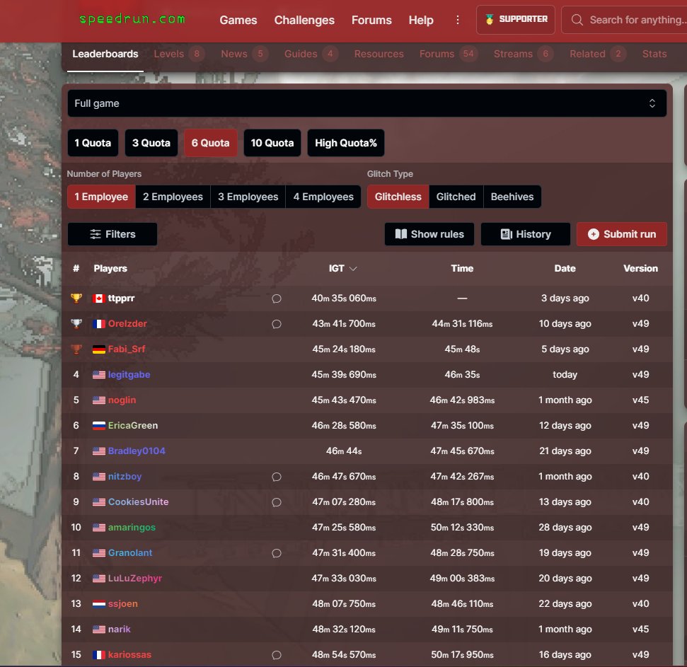 From now on if anyone asks for a fun fact about me, I'll tell them I am (or was) at this moment in time the fastest person in the US to complete 6 quotas of Lethal Company solo :>