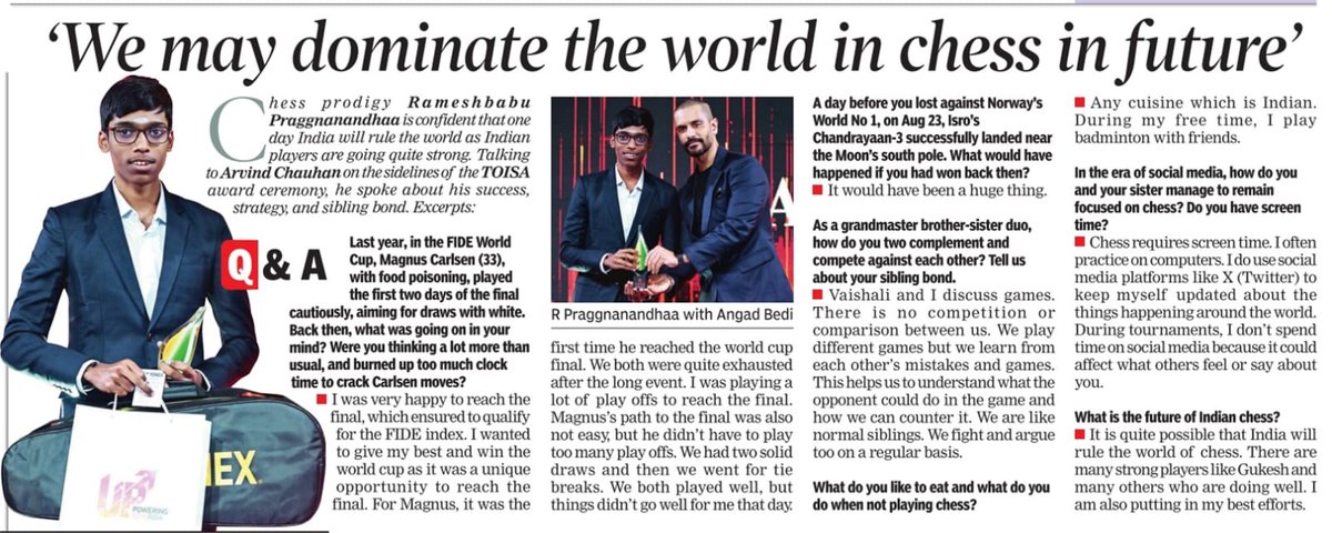 #TOIExclusive | Chess prodigy R Praggnanandhaa (@ tag him) is confident that one day India will rule the world as Indian players are going quite strong. 

Talking to TOI’S Arvind Chauhan, he spoke about his success, strategy, and sibling bond. 

Read full interview  🔗 LINK