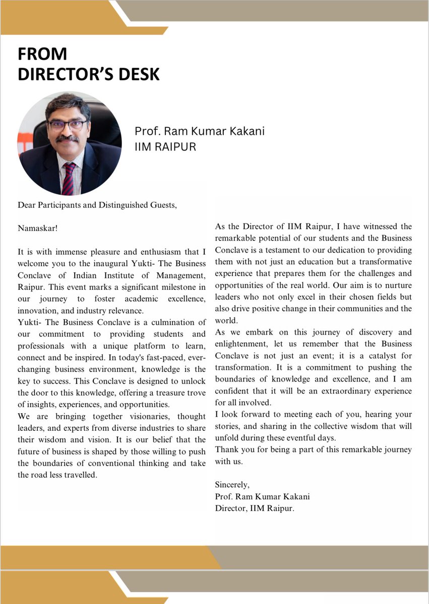 Today will be attending and giving valedictory address on Yukti business conclave 2024 in IIM Raipur