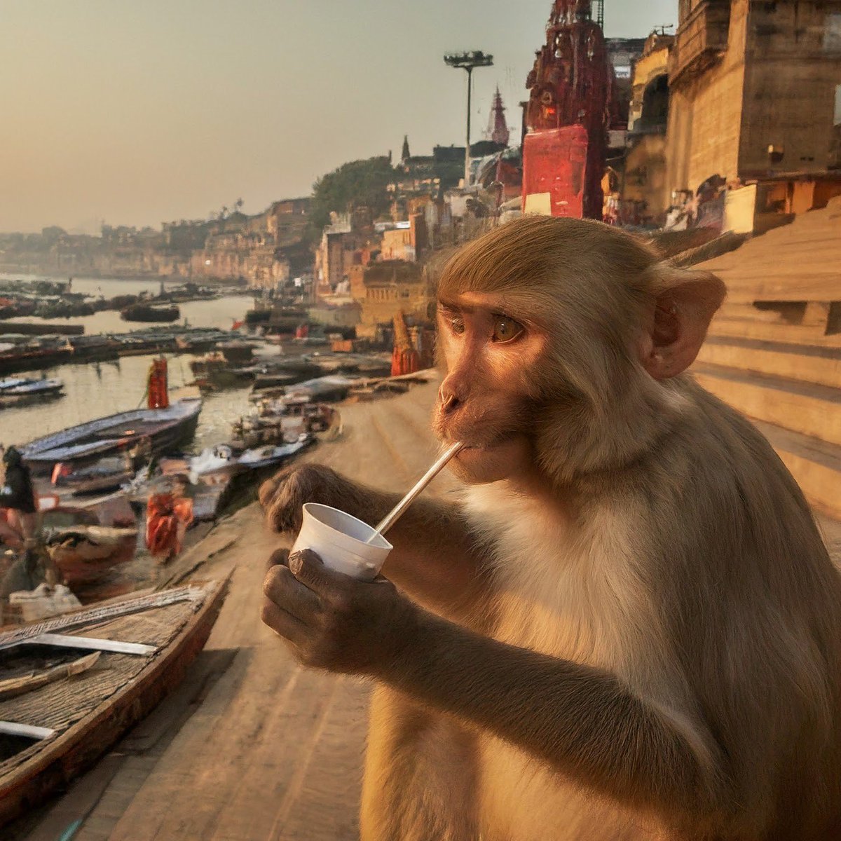 pratyusssh's tweet image. Prompt:
Make an image of a monkey drinking chai with straw on the ghats of varanasi with hindu priests doing aarti in the background
