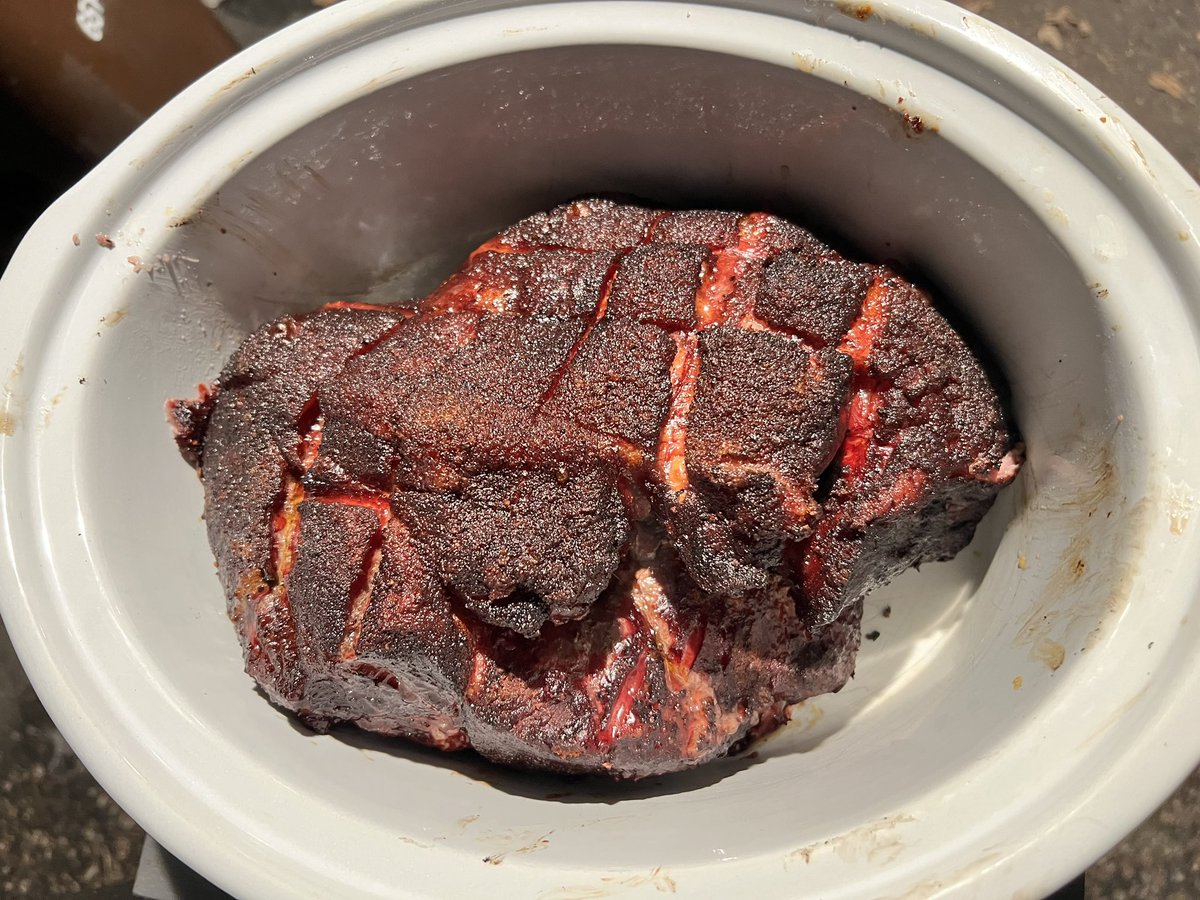 Into the crock to finish. Looks and smells really great. #bbq #pelletgrill