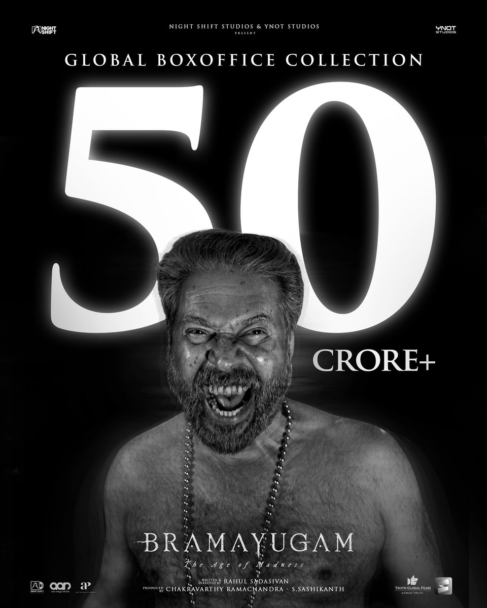 #Bramayugam crosses 50 Crores in Global Box Office Collections ! 💥 #Bramayugam starring @mammukka Written & Directed by @rahul_madking Produced by @chakdyn @sash041075 @allnightshifts @studiosynot @Truthglobalofcl @AanMegaMedia @APIfilms @SitharaEnts @SureshChandraa