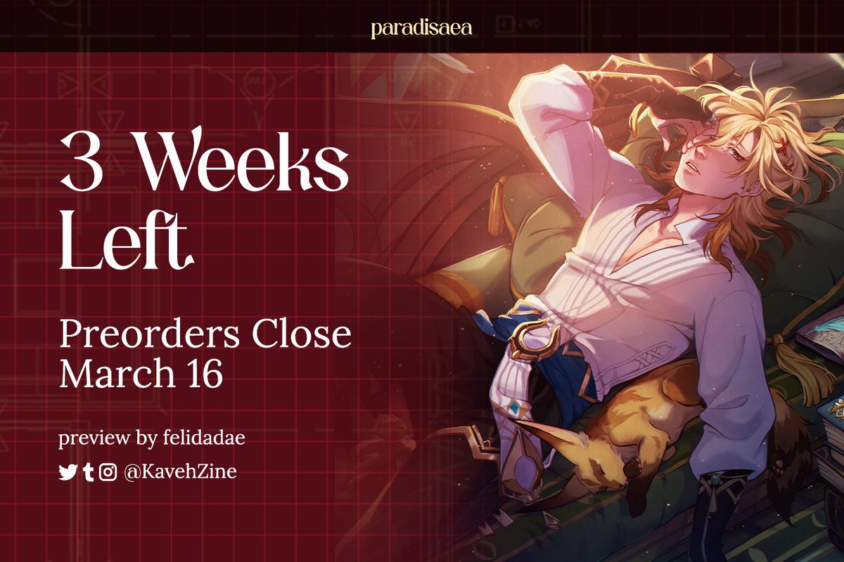 🏛️ PREORDERS CLOSE IN: 3 WEEKS🏛️

PARADISAEA'S doors will be open for only three more weeks. Don't miss out on the chance to grab your copy of Kaveh Zine!

✨ Preview by <a href="/felidadae/">addie 🌻</a>
 
🗓️ Feb 2 - March 16
🛒 kavehzine.bigcartel.com