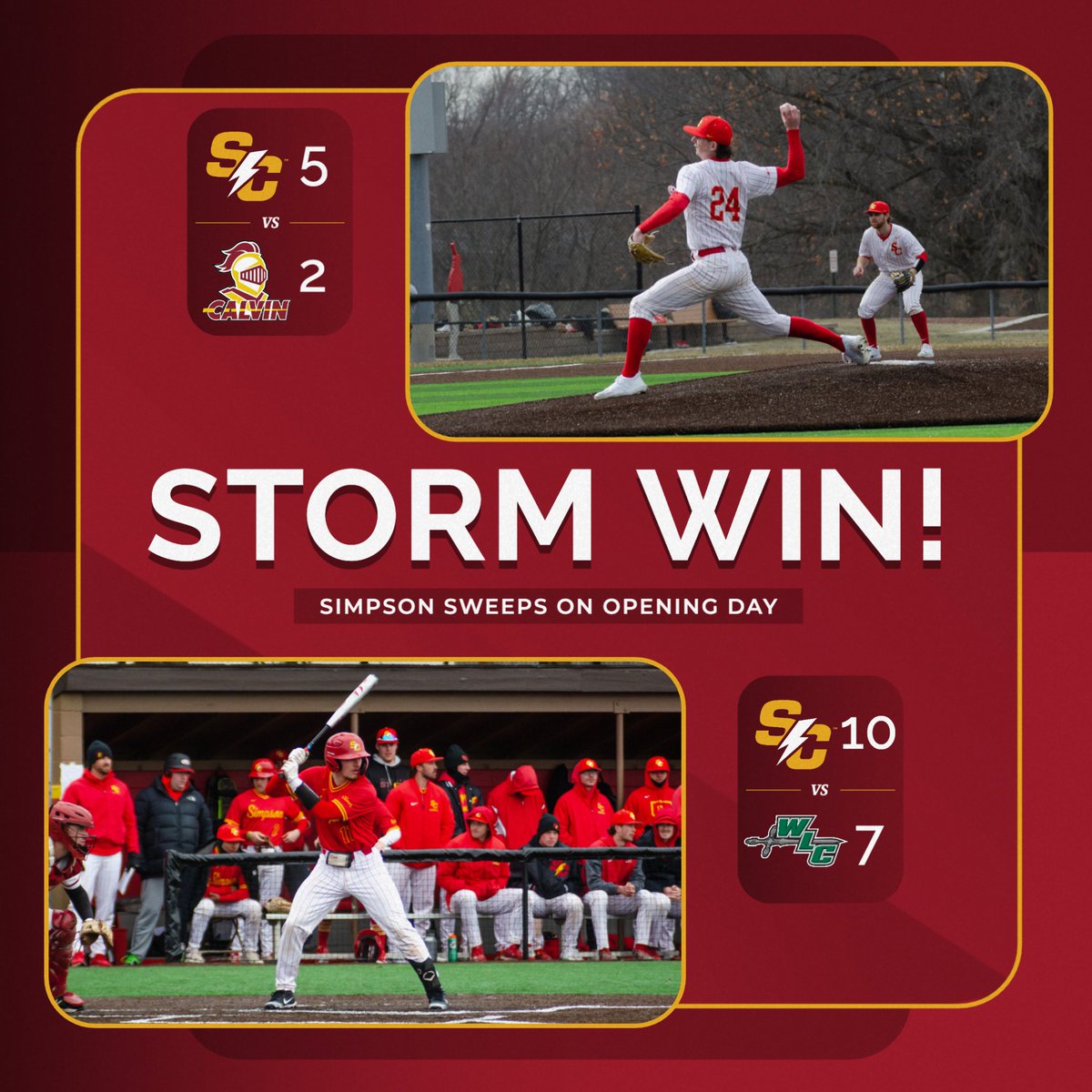 Storm sweep on Opening Day! 👏

➡️ Cagley hits two-run homer in G1
➡️ Ferrin goes 3-for-4 in opener
➡️ Sampson 3-for-6 with 4 RBIs in G2
➡️ Dunwoody, Dolash combine for 17 Ks in G2
➡️ Schlee, Carlson both earn saves

📰 tinyurl.com/myhrrpwu

#rollriversBSB #d3baseball