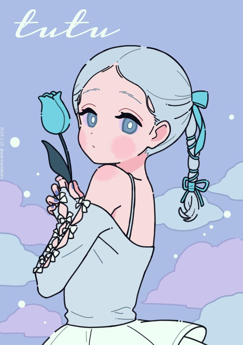 1girl solo flower holding flower holding braid ribbon  illustration images
