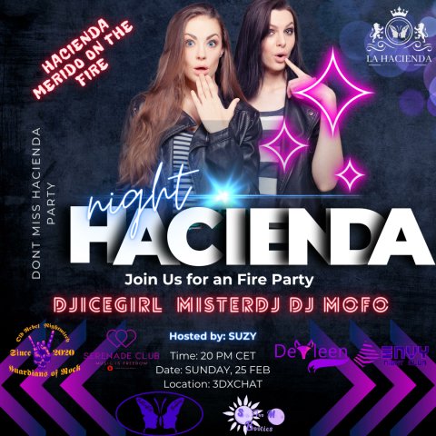 Magic Hacienda Merido Party at a beautiful sunset we bring you an extraordinary party on Feb.25th 8 PM CET 3 perfect DJ give a tune DJ Ice Girl Mister DJ DJ Mofo LIVE Butterfly Babies with Sun and Moon Booties on stage 'May all who enter as guests Leave as friends'