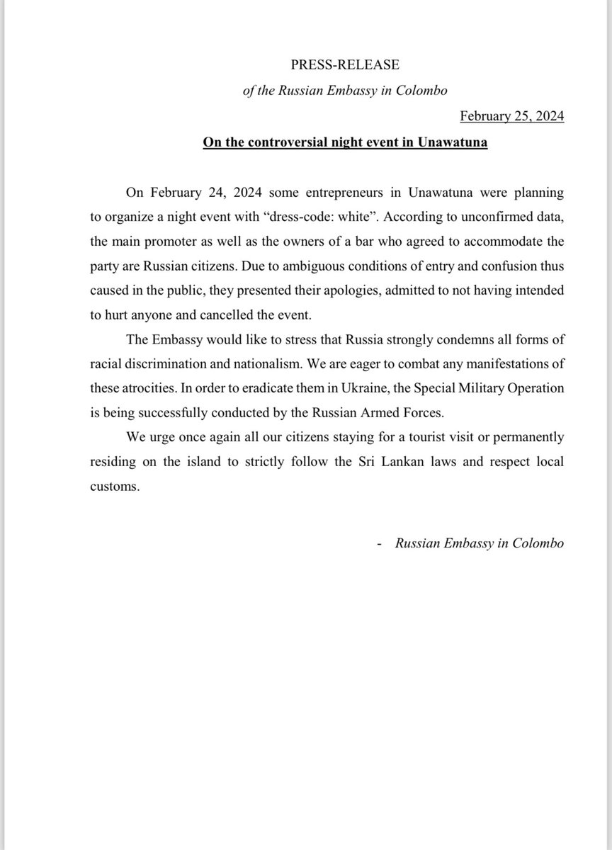Press-release of the Russian Embassy regarding the controversial night event in Unawatuna