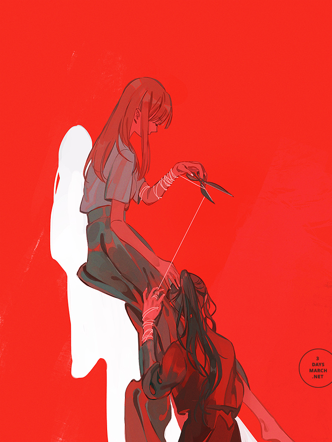 red background long hair 1girl holding scissors sitting 1boy scissors  illustration images