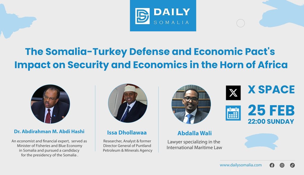 Tonight at 10:00 PM EAT, <a href="/TheDailySomalia/">The Daily Somalia</a> will be hosting a discussion focusing on #Somalia-#Turkey Defense and Economic Pact's Impact on Security and Economics in the Horn of Africa.

The panelists for this event include Dr. Abdirahman M. Abdi Hashi (<a href="/Dr_AMHashi/">Dr. Abdirahman M. Abdi Hashi</a>), former
