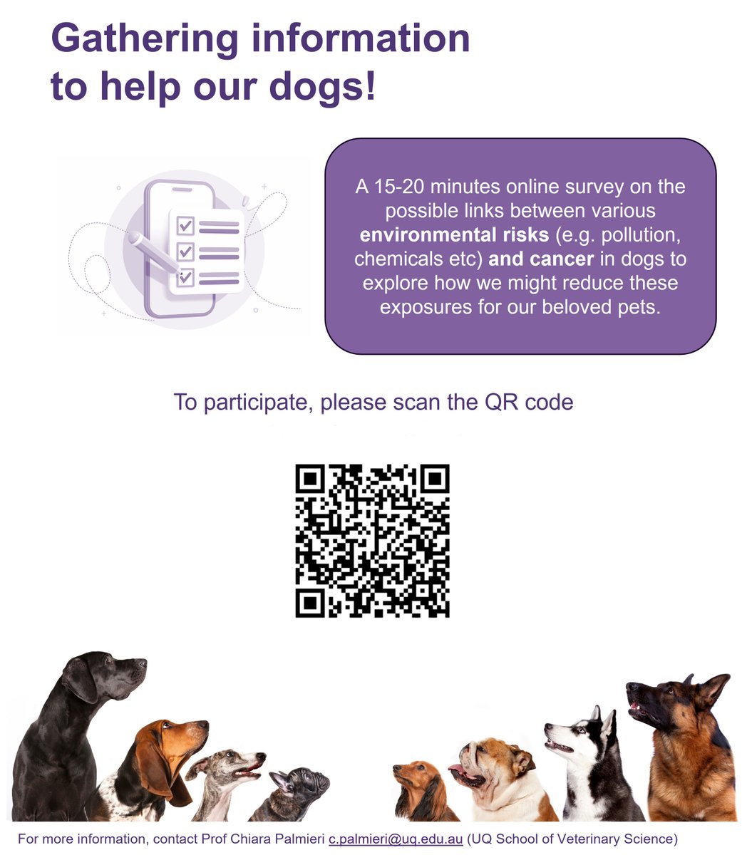 Calling all dog owners in Australia! We have launched a survey looking at the potential exposure to environmental factors causing cancer in dogs.  Please click at the following link: uniofqueensland.syd1.qualtrics.com/jfe/form/SV_9Y… or scan the QR code in the picture. <a href="/ABC/">ABC News</a> <a href="/SBS/">SBS Australia</a>italian @SBS