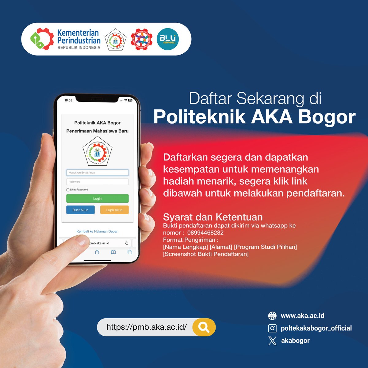Daftar sekarang di Politeknik AKA Bogor dan dapatkan kesempatan memenangkan hadiah menarik. Segera klik pmb.aka.ac.id/login