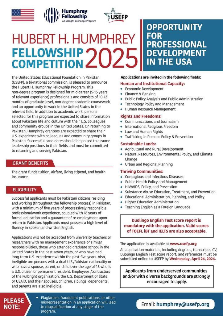 A great opportunity of professional development in USA.

USEFP is now accepting applications for the 2025 Hubert H. Humphrey Fellowship Program from mid-career professionals looking for development opportunities in the United States. The program consists of graduate-level,…