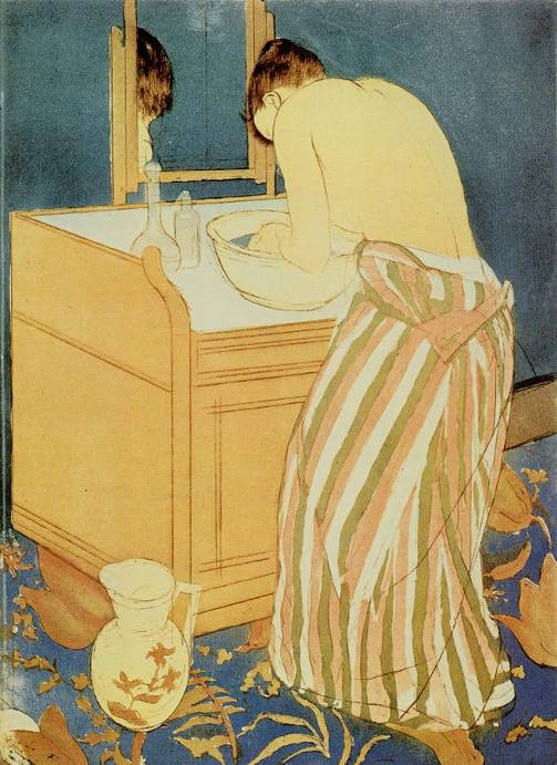 In the 1890s, Paris-based Mary Cassatt came under the influence of Japanese woodblock prints, which had recently become popular in Europe ~ their use of outline, patterning, oblique angles, flat colours &amp; flattened perspective. Here’s her The Letter ■ and Woman Bathing