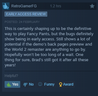 2_left_thumbs's tweet photo. This first week has been sensational ✨👖
🎇 100 positive reviews
Thank you to everyone for giving Fancy Pants a chance in Early Access, and for helping out with the diligent bug reporting 💪 https://t.co/Qtn4mXRJCC