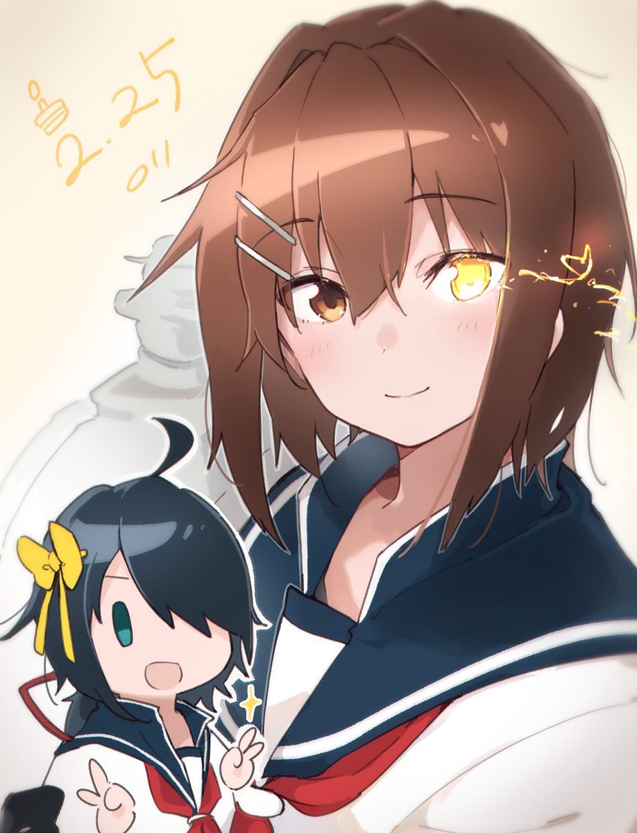 furutaka (kancolle) ,kako (kancolle) multiple girls 2girls school uniform glowing eye short hair serafuku neckerchief  illustration images