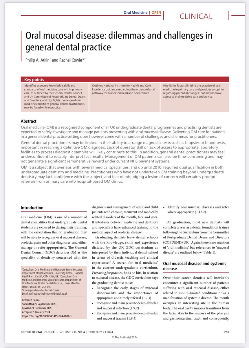 Oral medicine themed <a href="/The_BDJ/">BDJ Portfolio</a> including a paper from me and my colleague, Rachel Cowie <a href="/CardiffDental/">School of Dentistry I Ysgol Deintyddiaeth</a> <a href="/Brisdental/">bristoldental</a> 

Open Access nature.com/articles/s4141…