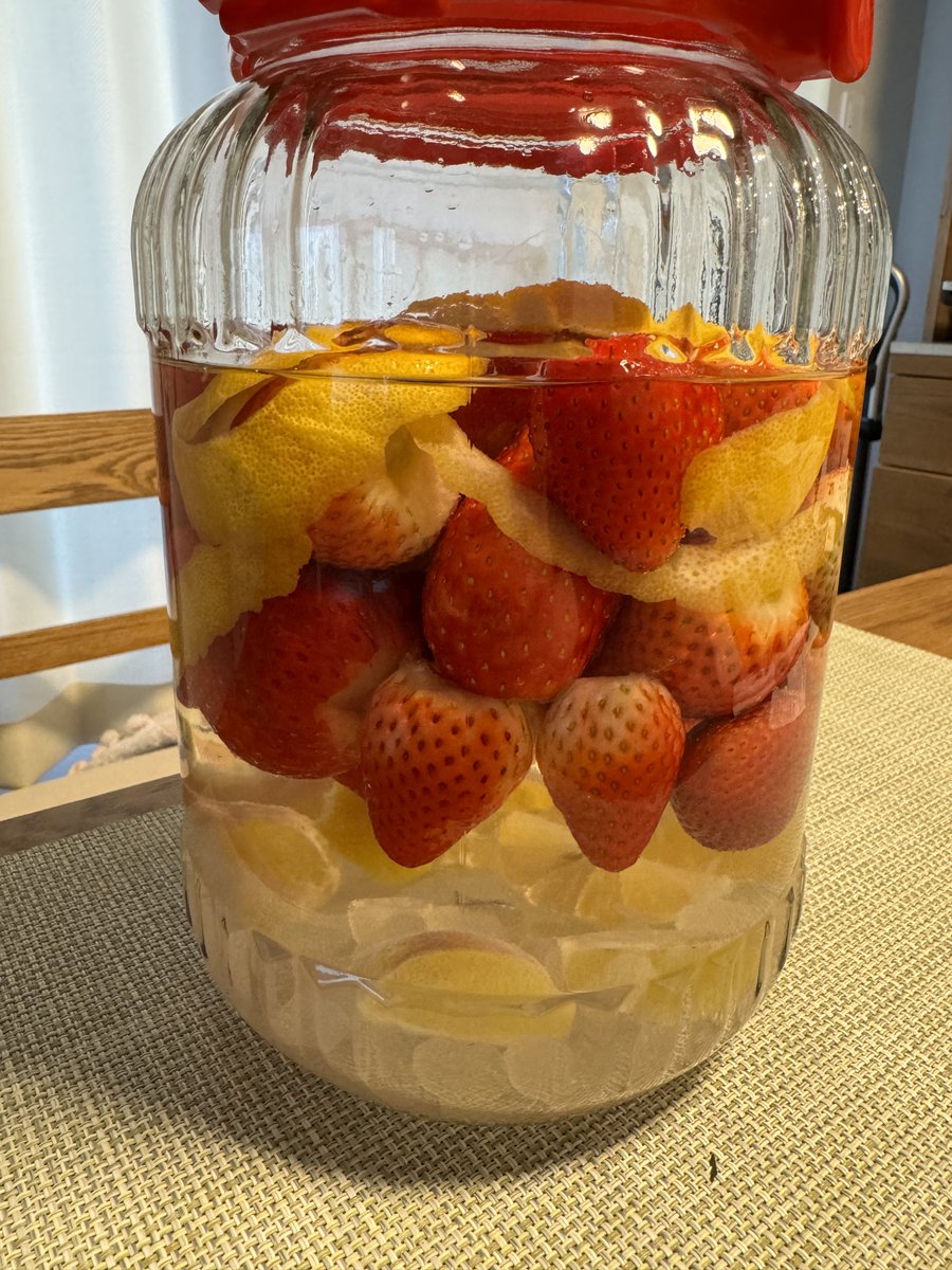 tricknotes's tweet image. イチゴ酒を漬けた。半年くらいかかるそう。仕上がりが楽しみ！