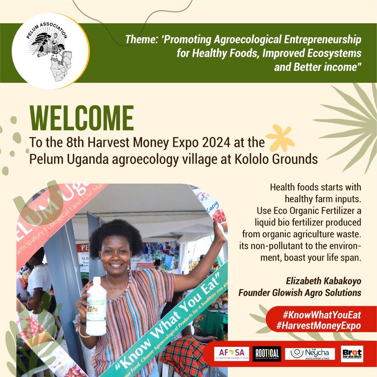 Health foods starts with healthy farm inputs.Use Eco Organic Fertilizer a liquid  bio fertilizer produced from organic agriculture waste-Elizabeth Kabakoyo Founder Glowish Agro Solutions
Visit the PELUM Uganda stall at Kololo grounds at the 
#HarvestMoneyExpo 
#KnowWhatYouEat