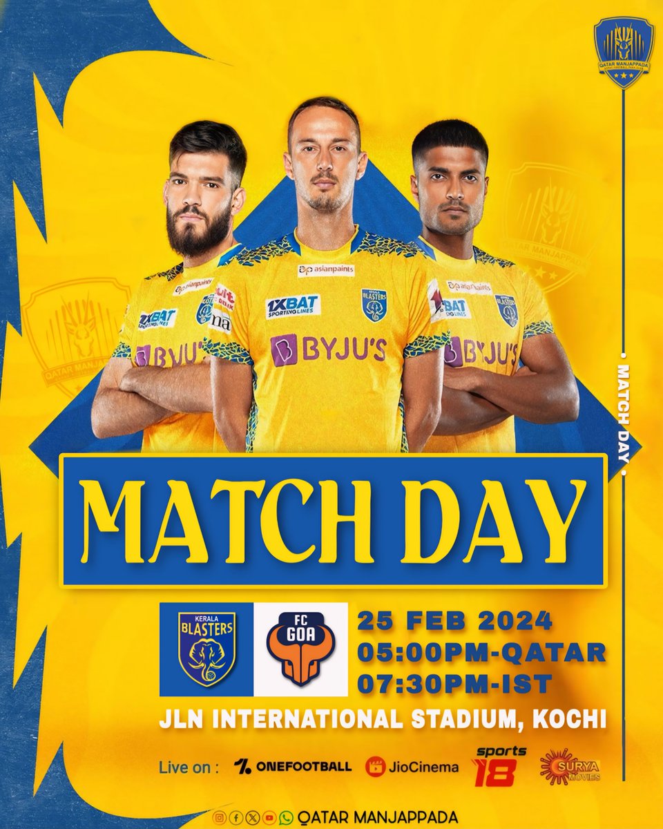 The Blasters are hungry for victory, and with your electric atmosphere behind us, we're unstoppable. Make your voices heard, paint the stands yellow, and let's cheer our team to victory! ️ #KBFC #QatarManjapada #KeralaBlasters #HeroISL #LetsDoThis