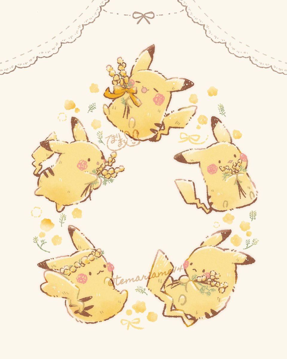 pikachu pokemon (creature) no humans closed eyes holding flower smile closed mouth  illustration images