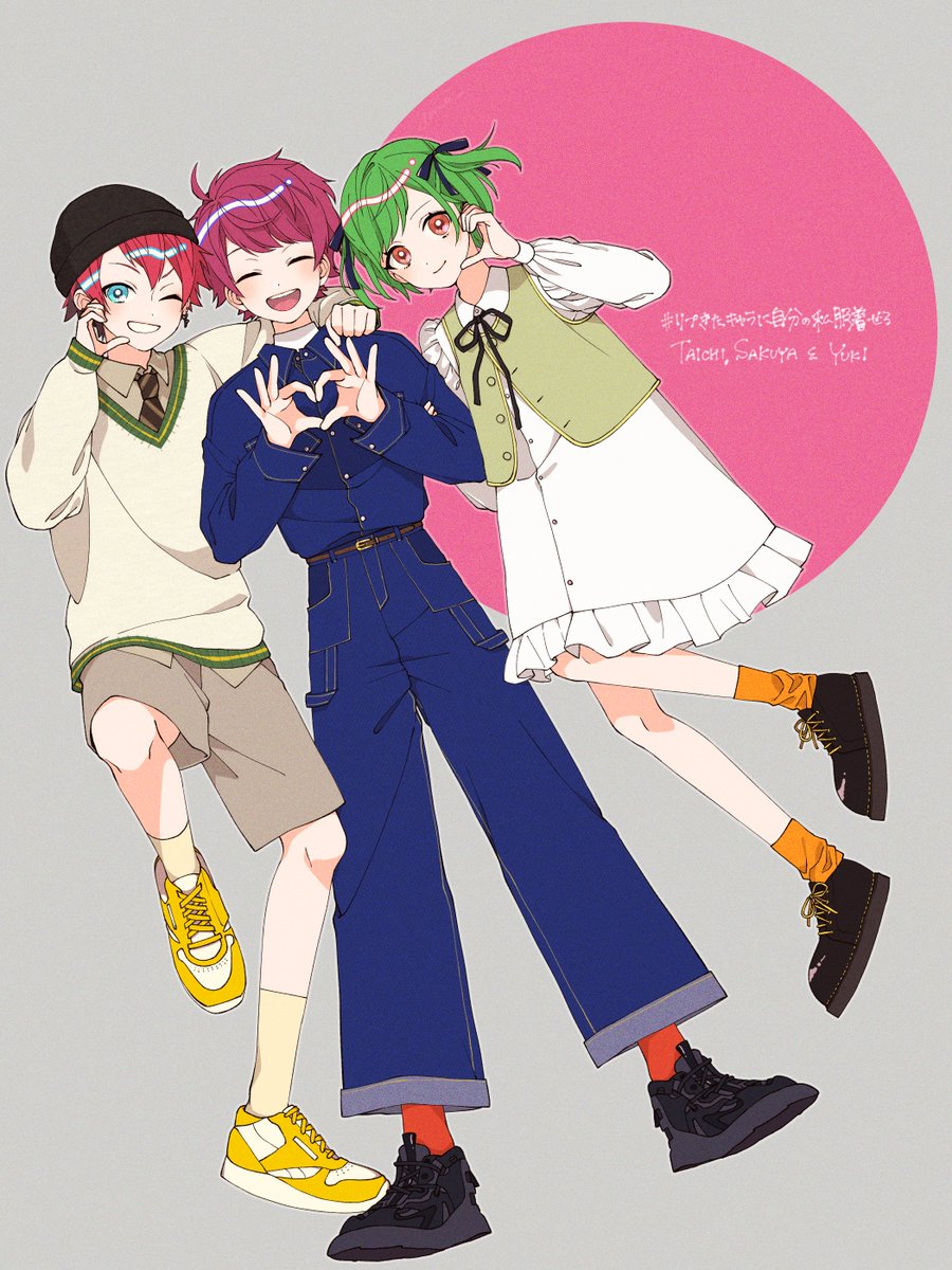 multiple boys 2boys smile heart hands green hair red hair heart hands duo  illustration images